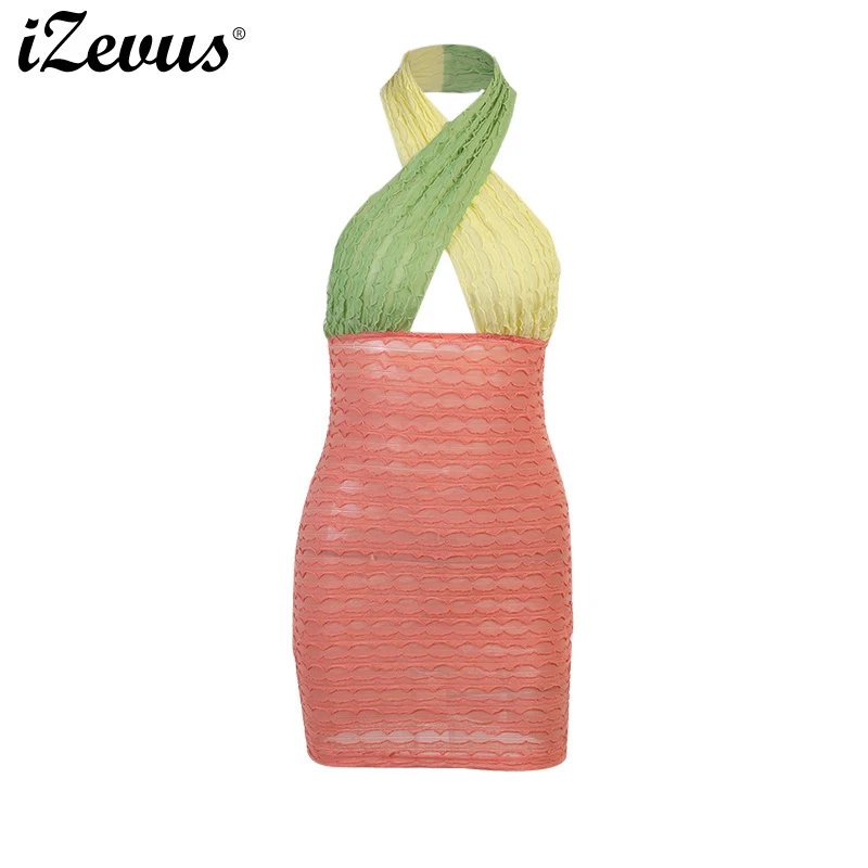 

IZEVUS лоскутным шитьём, Цвет мини-платье; Модное обтягивающее платье с низким вырезом на спине, элегантное, для пляжа, сексуальные платья для ж...