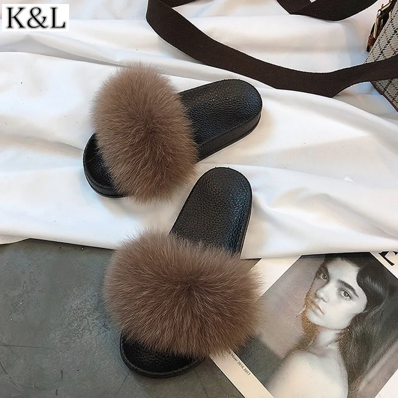 Шлепанцы женские с мехом енота сланцы из натурального меха лисы меховые сандалии