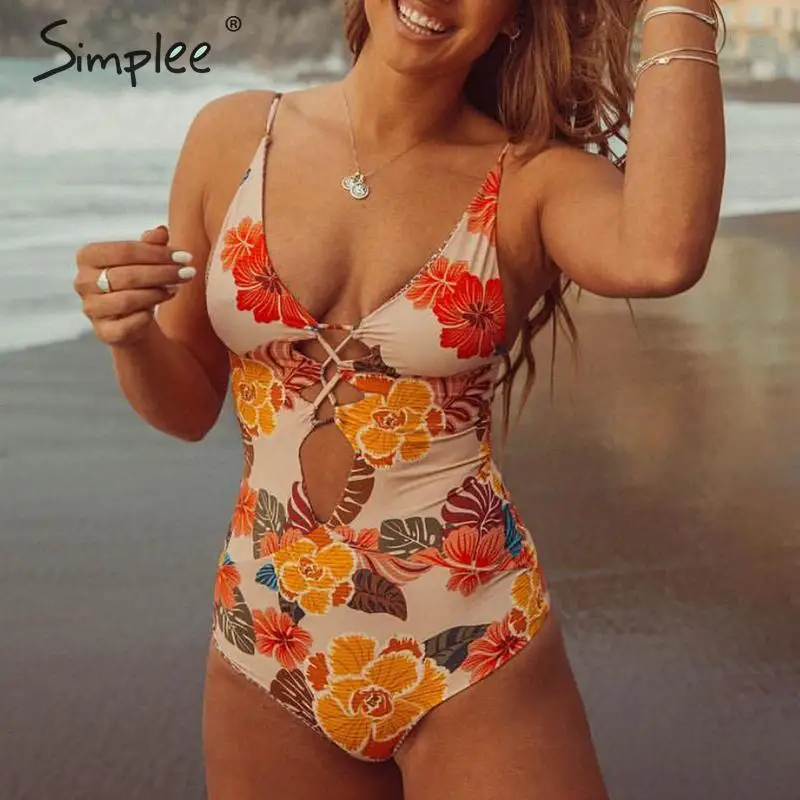 Цельное бикини с цветочным принтом Simplee пляжная одежда на шнуровке купальник
