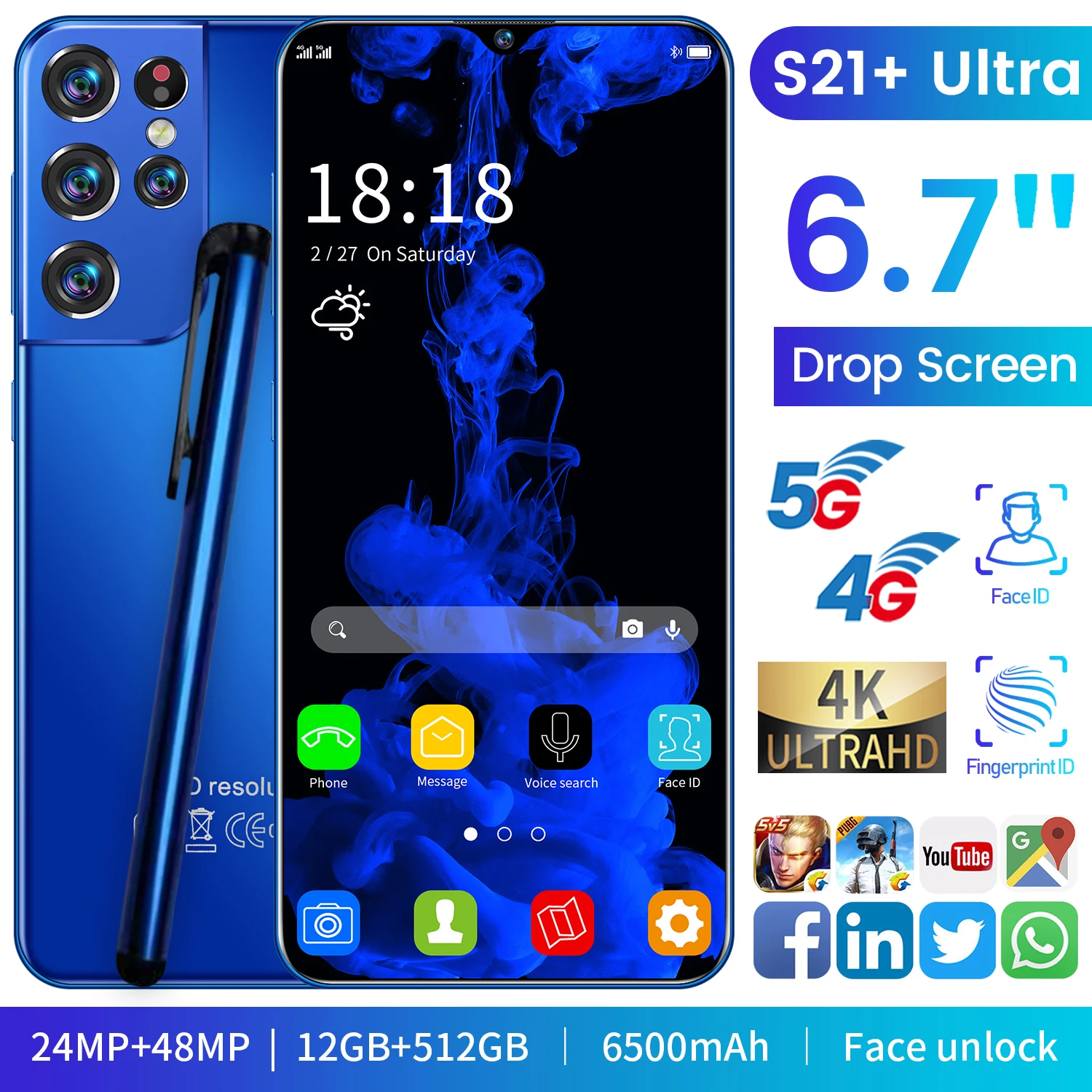 Смартфон с экраном 6 7 дюйма S21 + Ultra HD Water 12G 512G|Бамперы| |