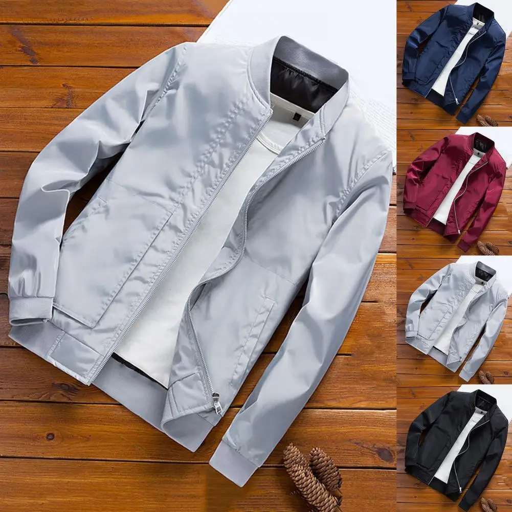 

Attractive Men Bomber Jacket Exquisite Edging Polyester Solid Zipper Design Men Outerwear Baseball Coat for Daily