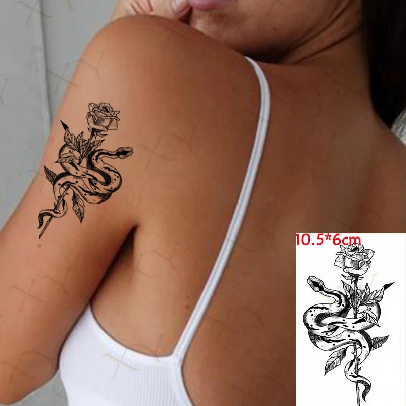 

Water Transfer Fake Tattoo Sticker Sketch Rose Flower Snake Tattoos Waterproof Temporary Tatto Flash Tatoo for Woman Man Lady