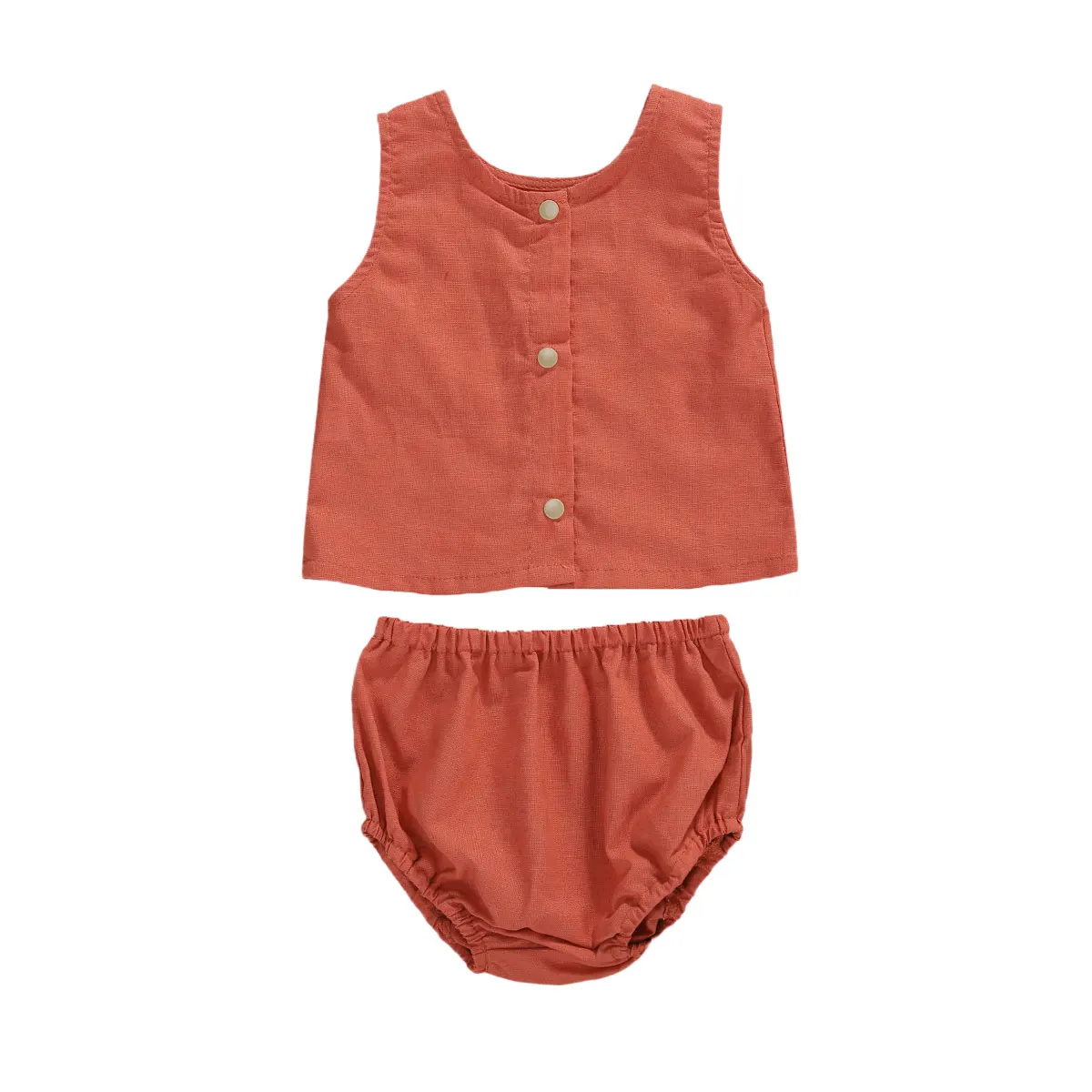 

2020 Summer Baby Girls Cotton Linen Sleeveless Round Neck Top + Solid Color Shorts 2PCS Outfit Set 0-18M Clothing Set