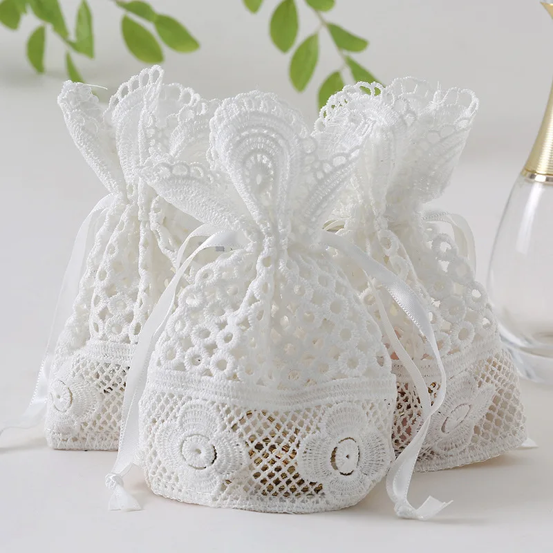 12pcs White Sunflower Gift Drawstring Bags Organza Jewelry Candy Dragee Bag Wedding Birthday Party Christmas Storage Wrapping