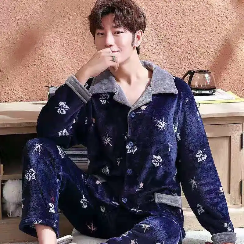 

Мужские пижамы, фланелевые зимние толстые теплые пижамные комплекты из 2 предметов, комплекты, одежда для сна с длинным рукавом, костюм с отл...