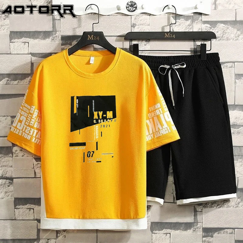 

2021 Summer New Men Casual Shorts Sets Trend Printing T-shirt + Shorts 2-piece Suit Fashion Sportswear Tracksuit Men M-4XL