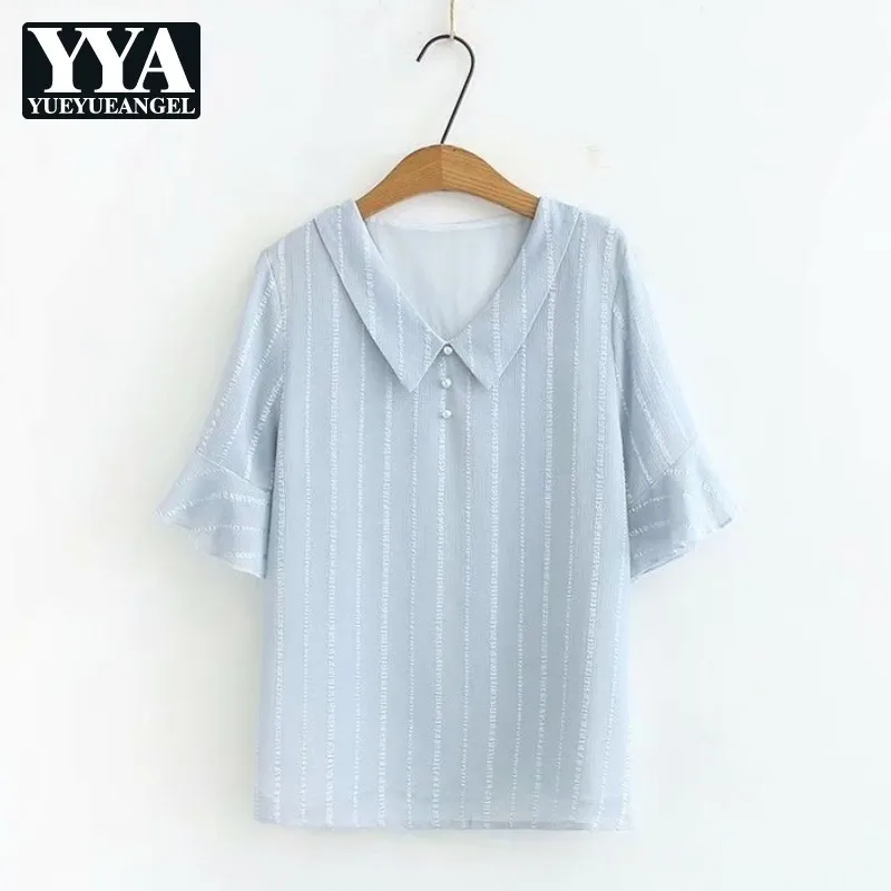 

Блузка шифоновая Женская, летняя светильник Бая, розовая, белая, с рюшами, коротким рукавом, с отворотом, размера плюс