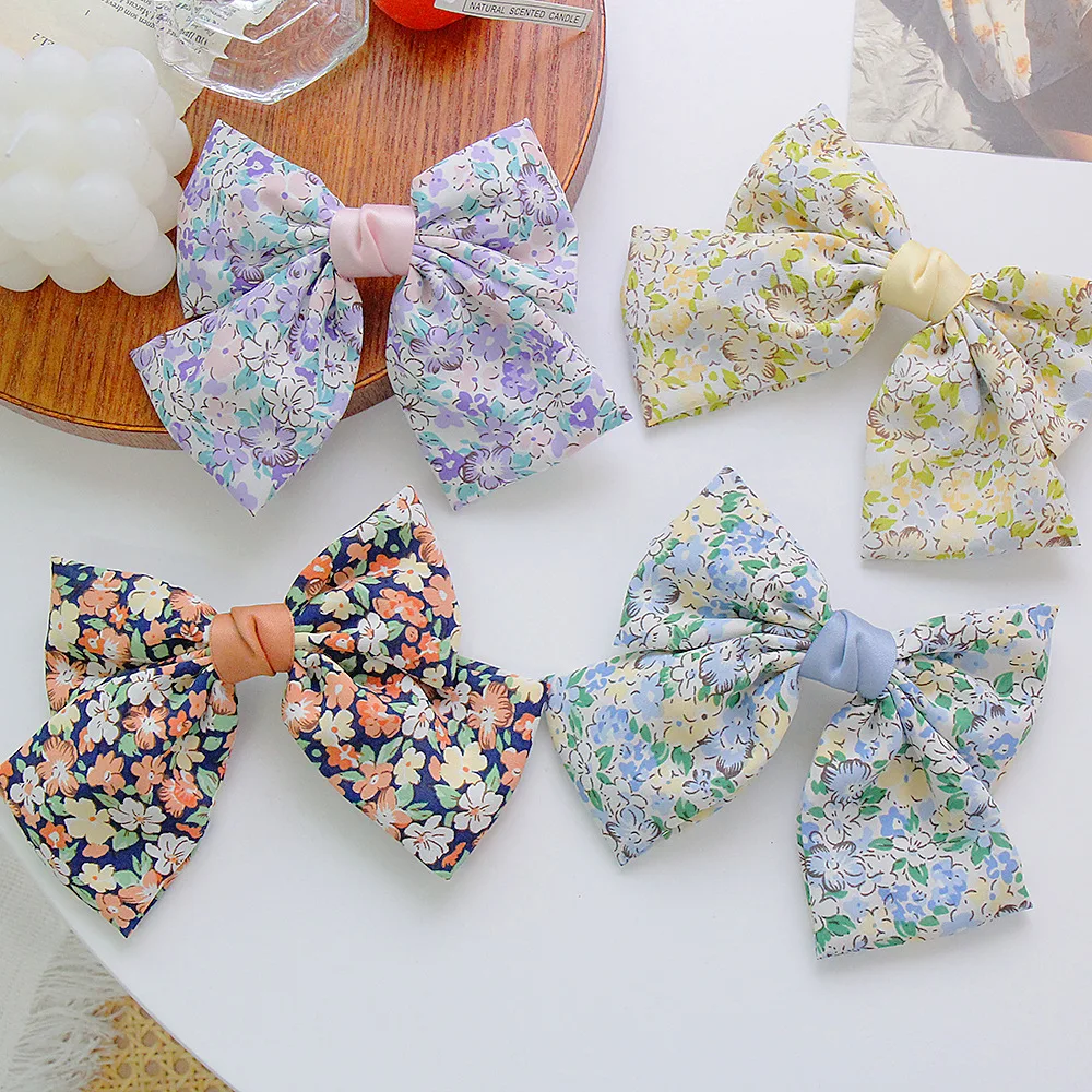 

2021 Fashion Sweet Floral Bow Hairpin For Woman Satin Chiffon Barrette Bow Hair Clip Girls Headwear Hair Ties Hair Accessories