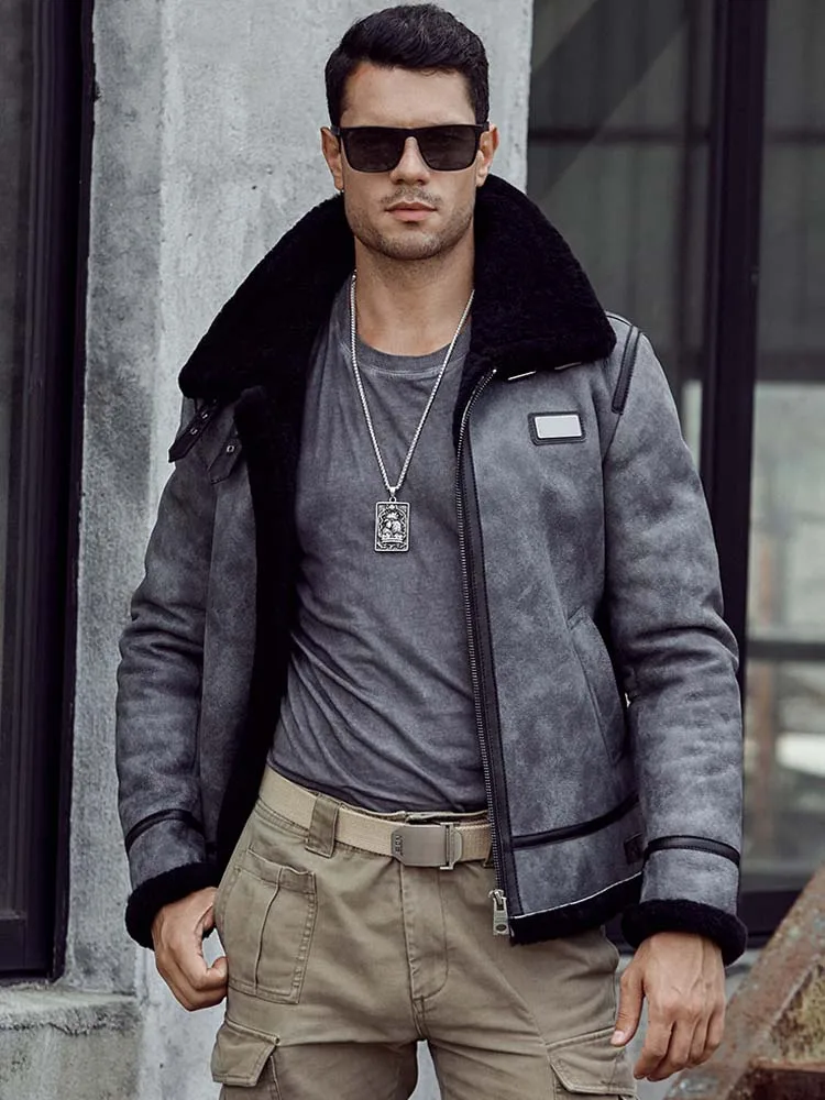 Denny&ampDora New Mens Shearling Coat B3 Bomber Jacket Grey Leather Overcoat Natural Sheepskin Parkas Short Winter Fur Outwear