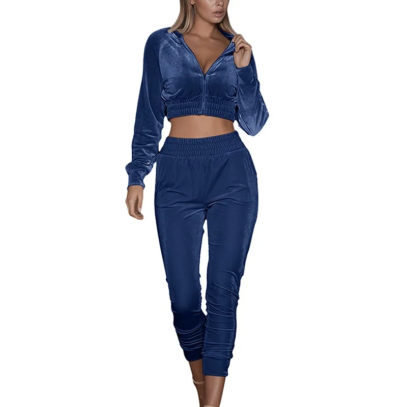

2021 Fashion Women Tracksuits Long Sleeve Zipper Hooded Loose Clothing 2 Piece Set Suits Ladies Casual Velvet Trackpants