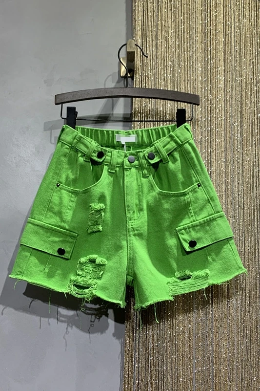 

Overalls Women's Clothing 2021 Summer New Elastic High Waist Jeans Shorts Ripped Hem Denim Shorts Loose Casual Denim Pants