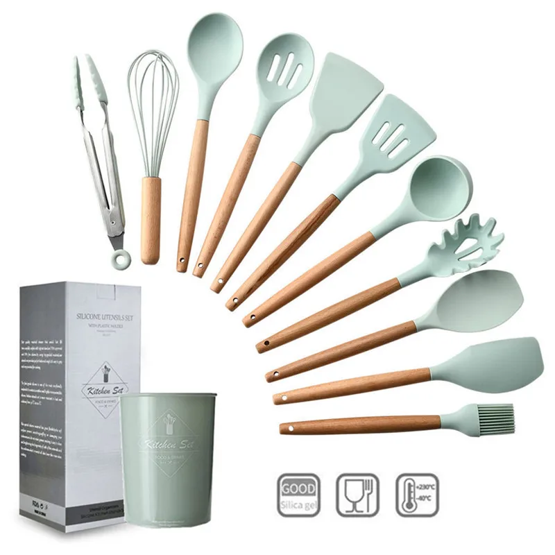 utensilio de cozinha 11/12-itens, kit cozinha, silicone, utencilios para cozinha frete gratis,ferramentas de cozinha,utensilhos de cozinha,conjunto cozinha acessórios, alça de madeira,espátula colher, concha, pinça c - Цвет: 12-PCS kitchen set