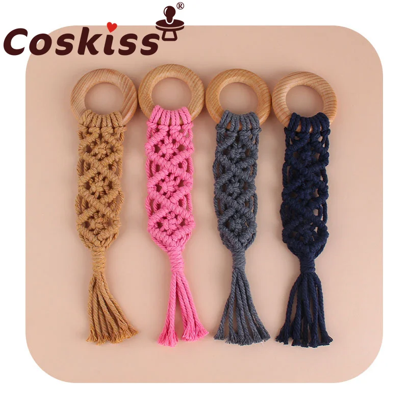 

Coskiss Baby Beech Wood Toy Teether New Hand-Woven Cotton Rope Molar Stick Shape Pacifier Wooden Teether Newborn Feeding Gifts