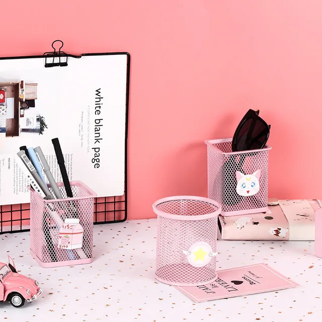 

Japanese Style Lovely Cartoon Pen Holder Mental Student Desktop Storage Organizing Pink Anime Design Storage Bucket Square ZL812