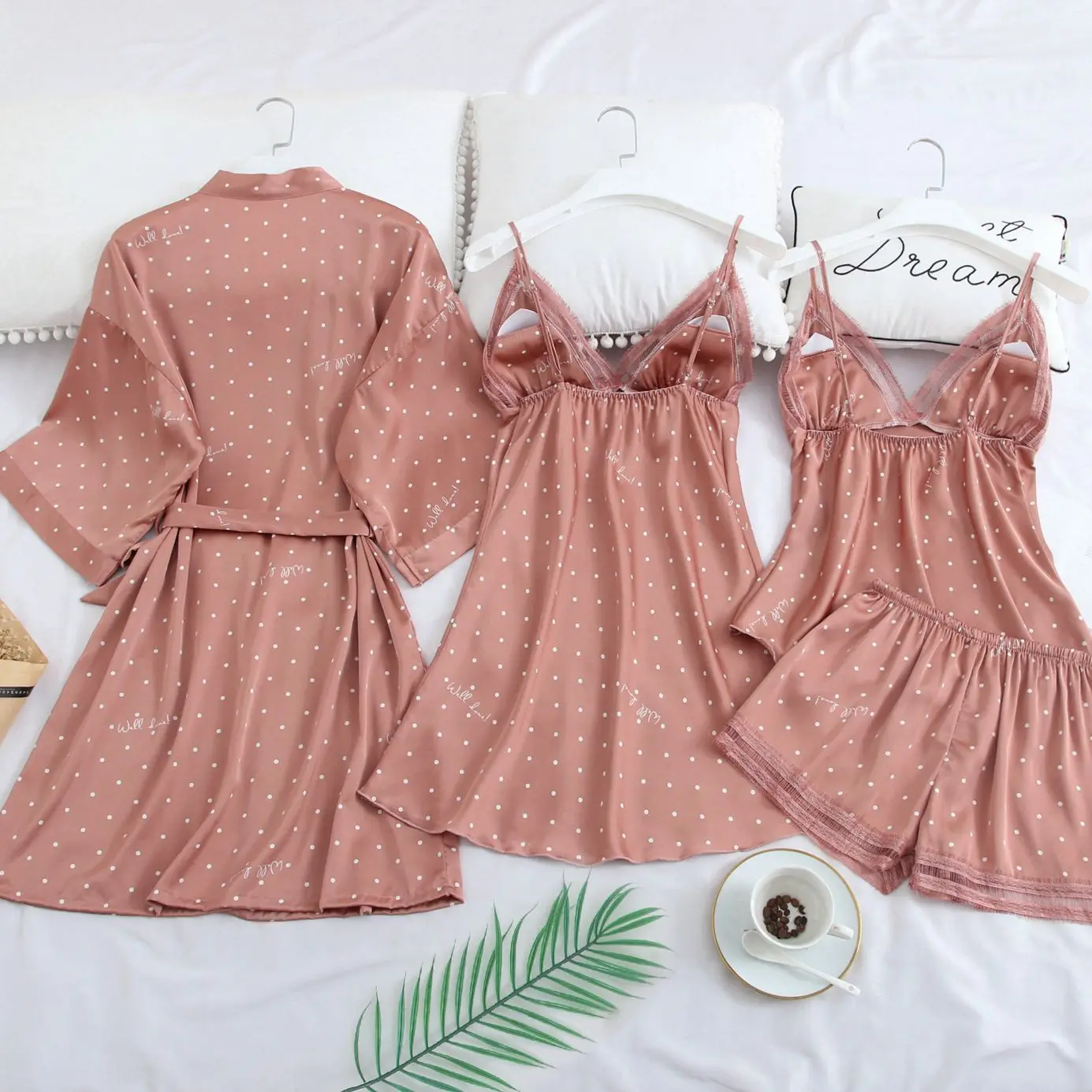 Pink Print Dot Wedding Robe Set Sleepwear Casual Intimate Lingerie Nightgown Nightdress Soft Homewear Home Clothing Kimono Gown