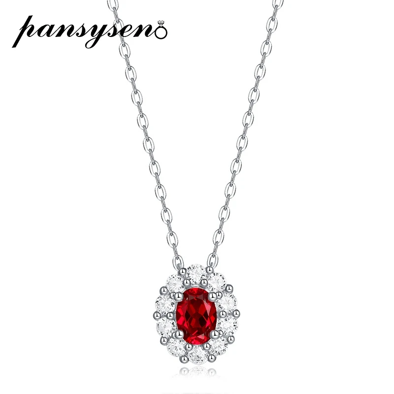 

PANSYSEN 100% 925 Sterling Silver Ruby Simulated Moissanite Gemstone White Gold Color Pendant Necklaces Wedding Fine Jewelry