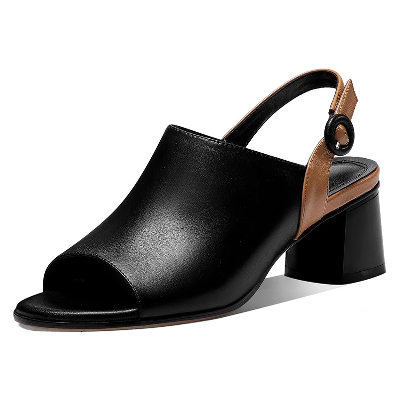 

Soft leather fish mouth back sandals women's thick heel button thin heel high heel 2021 new summer heel