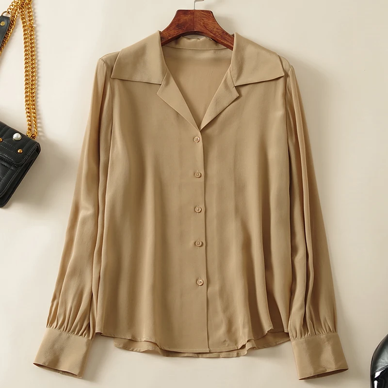 

Elegant Fashion Women's Solid Shirt 2022 Spring Autumn Notched Collar Long Sleeve Woman Shirts Blouses Real Silk Female Blouse