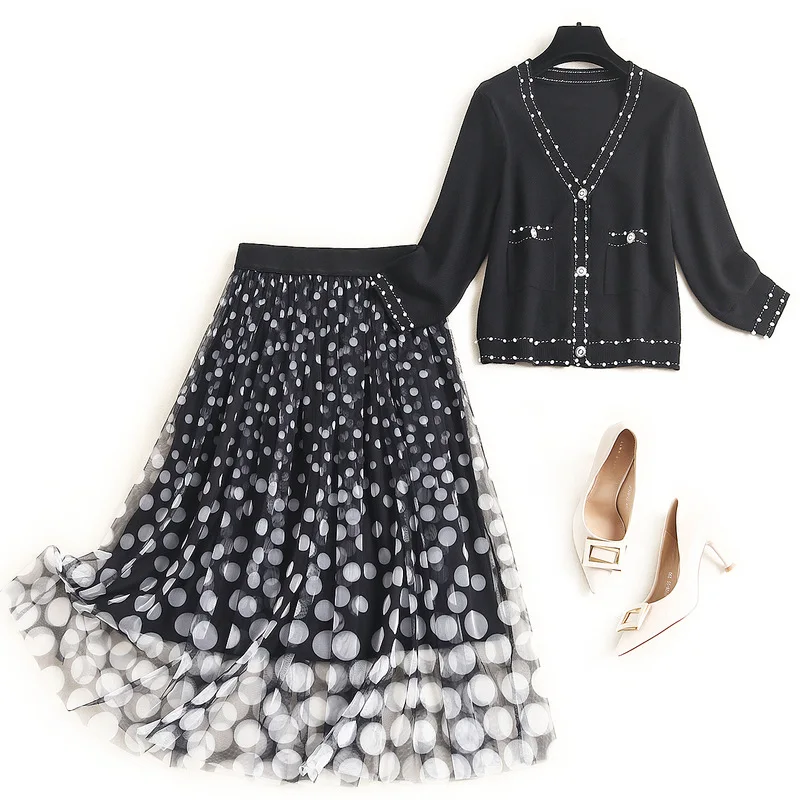 

Chic Office Ladies Single Breasted Pearl Knit Cardigan Sweater+Dot Long Skirt Suit 2020 Spring Autumn Knitted 2 Piece Set