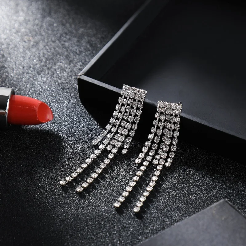 HanCheng Fashion Dangle Hanging Tassels Long Earrings Rhinestone Drop For Women Square Jewelry Brincos Bijoux | Украшения и