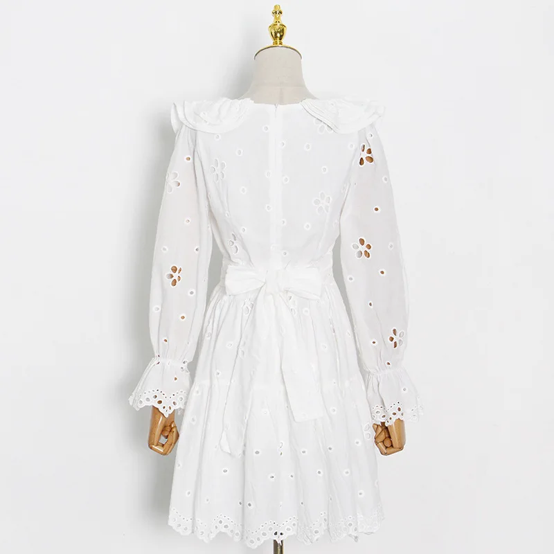 

Pastoral Lady Style 2021 Summer New Hook Flower Hollow Ruffle Stitching High Waist Women Short Dress