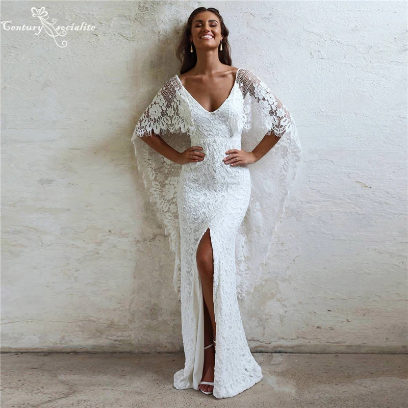 

Lace Boho Weddng Dress Mermaid 2021 V-Neck Backless Middle Slit Bohemian Bridal Gowns Beach Bride Dress Vestido De Noiva