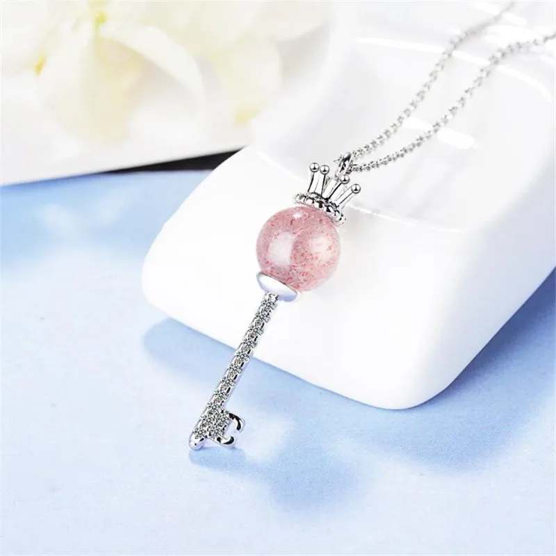 Romantic Crown New Fashion Exquisite 925 Sterling Silver Jewelry Pink Peach Key Strawberry Crystal Pendant Necklaces H396 | Украшения и