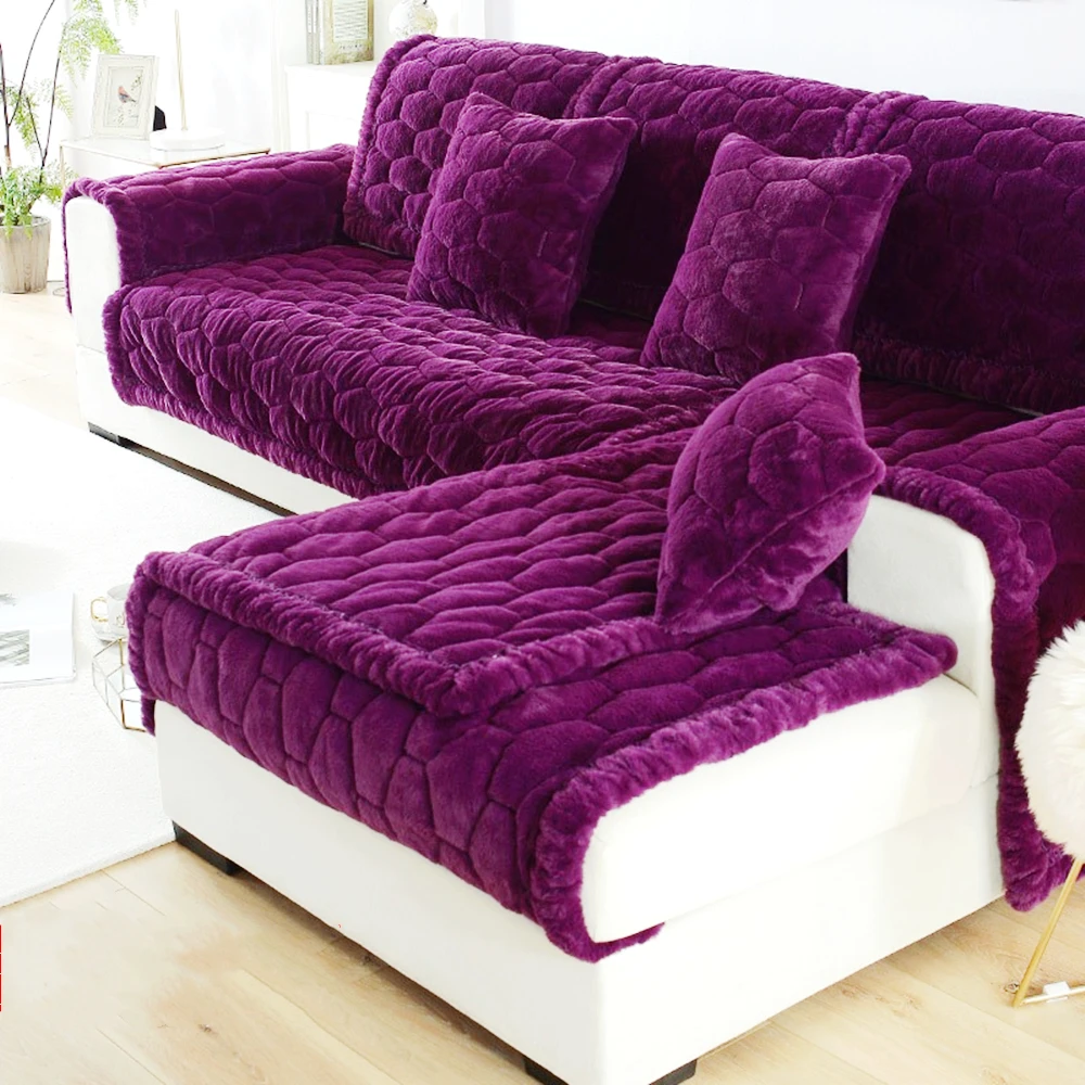 

Purple Winter Thick Plush Sofa Cover Flannel Soft Warm Flannel Sofa Cushion Backrest Pillowsase Slipcover Combination Kit Parlor
