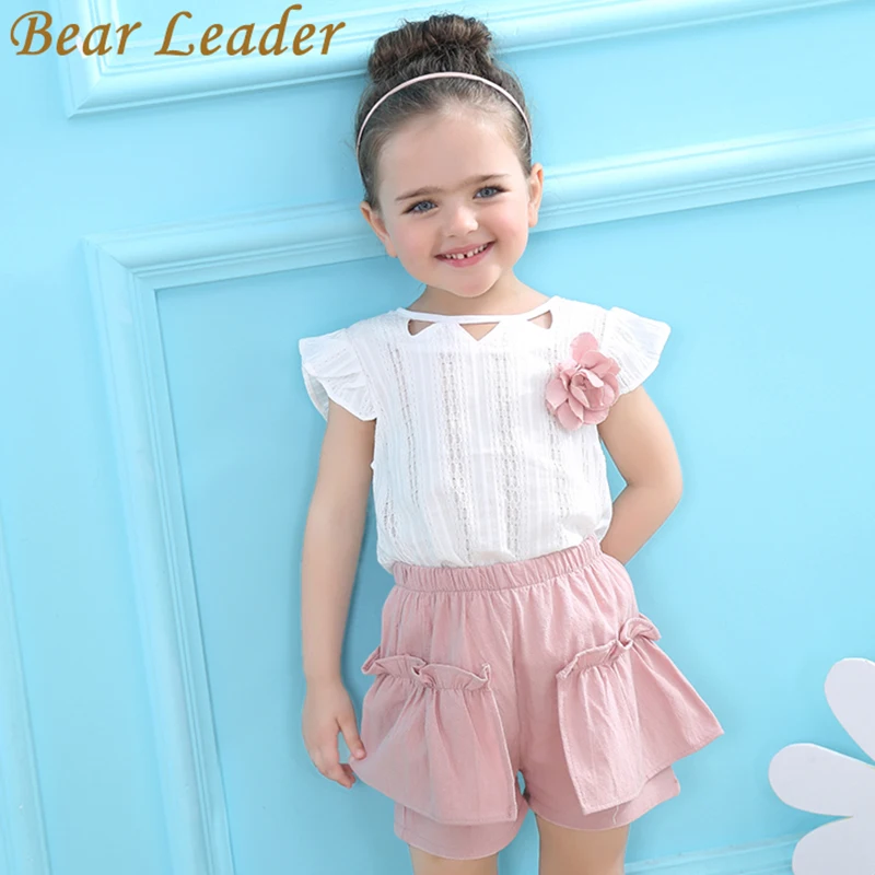 Bear leader/комплекты одежды для девочек; коллекция года; Брендовые костюмы для девочек; летняя футболка без рукавов с аппликацией+ шорты с цветочным рисунком; комплект из 2 предметов; одежда для детей