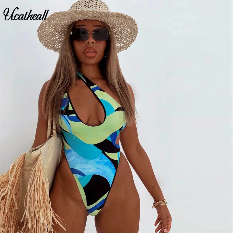 

New Sexy Open Back One Piece Swimsuit Vintage Retro Bathing Suit One Shoulder Hollow Out Backless Women's Swimsuit
