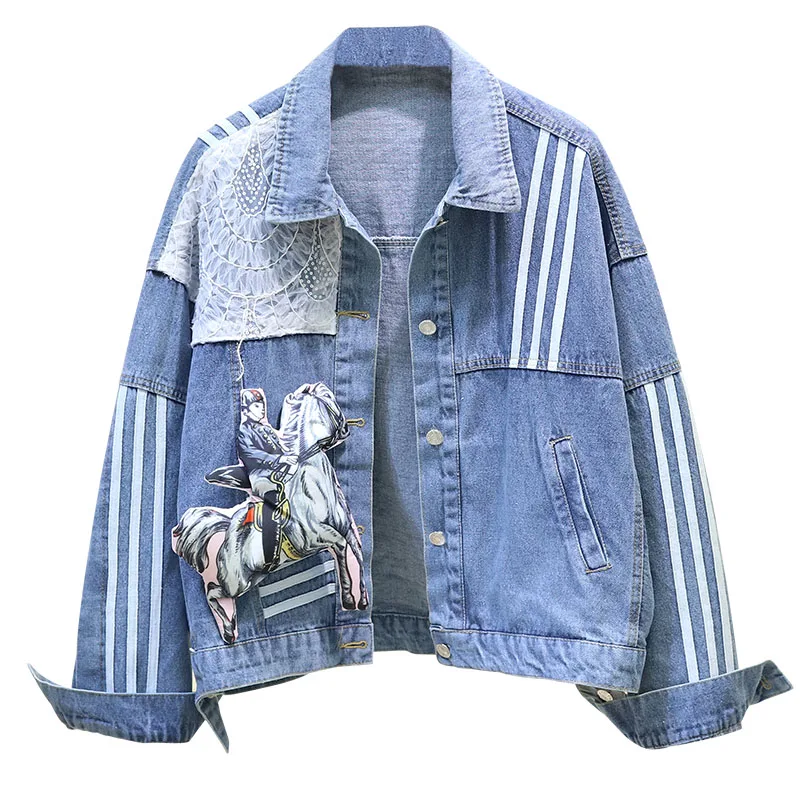 

2020 Trendy Coat for Ladies Denim Jacket Sequins Gauze Patchwork Ladies Stylish Wear Doll Decoration Striped Jean Tops Women