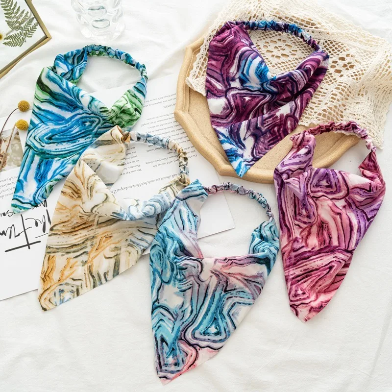 

Summer Stripe Ventilation Lady Headscarves Mixed Color Elastic Hair Band Vintage Triangular Shelter Head Scarf Women Headdress