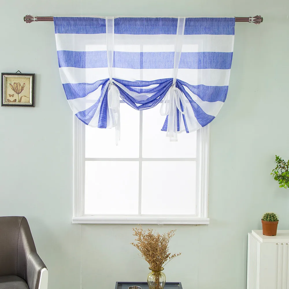 

Blue Stripe Roman Short Curtain for Living Room Kitchen Sheer Tie Up Window Shade Sheer Voile Home Textile Sheer Curtain Panel 2