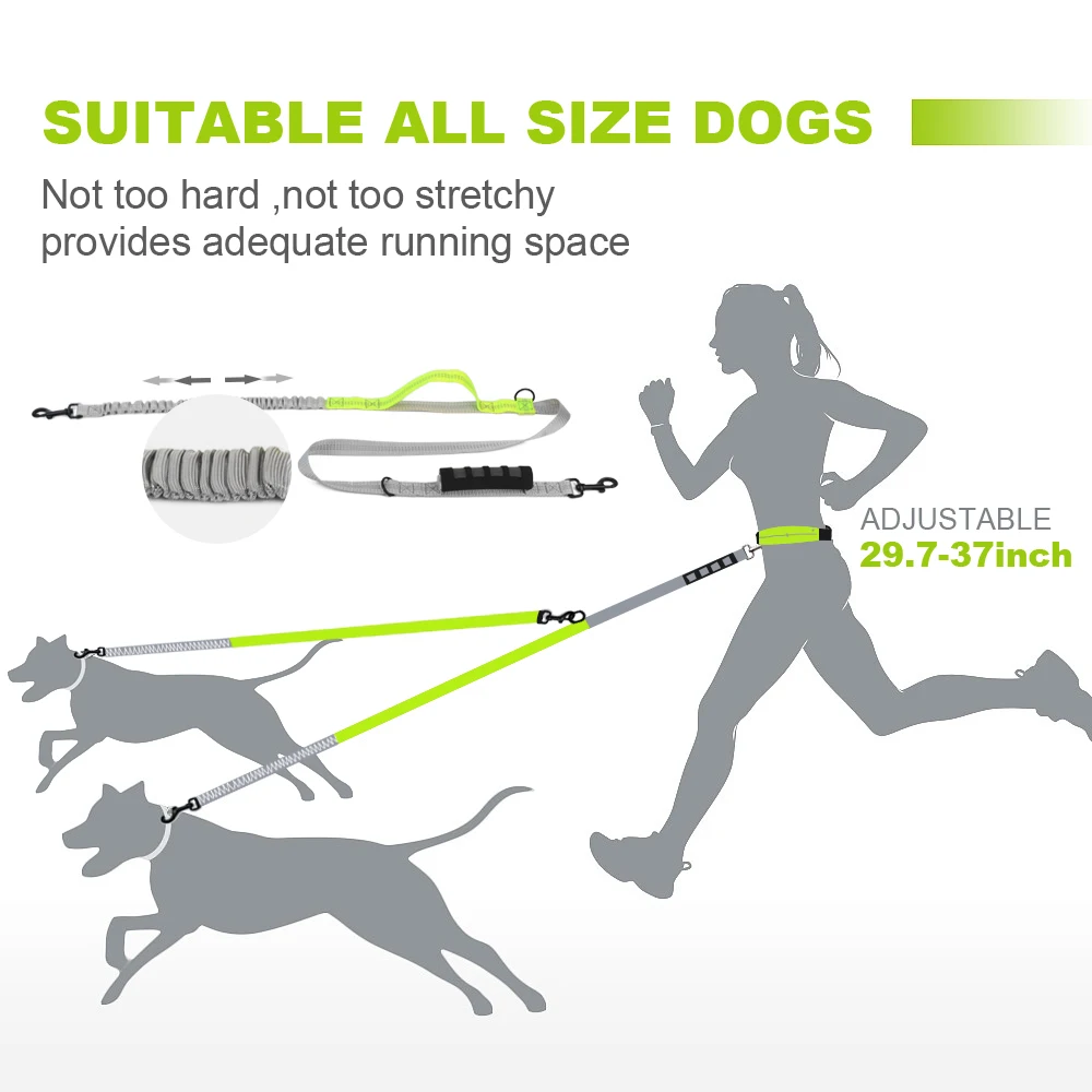 

Hands free dog leash running adjustable waist lead rope training leashes elastic reflective double handle pet leash for two dogs