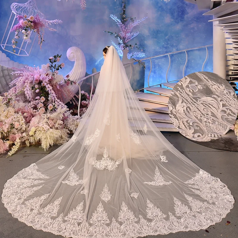 Длинная кружевная свадебная вуаль 2 T 4 метра Белый/цвет слоновой кости свадебные