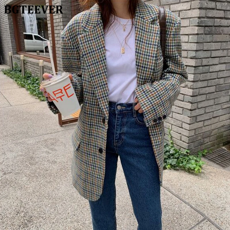 BGTEEVER винтажное однобортное клетчатое пальто женский пиджак с отложным
