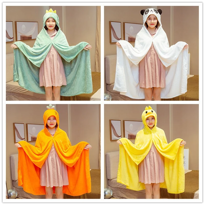 

Cute Hooded Blanket Cartoon Plush Cape Cloak Wearable Kids' Blanket Coral Velvet Warm Hoodie Throw Blanket In Winter 100x160cm