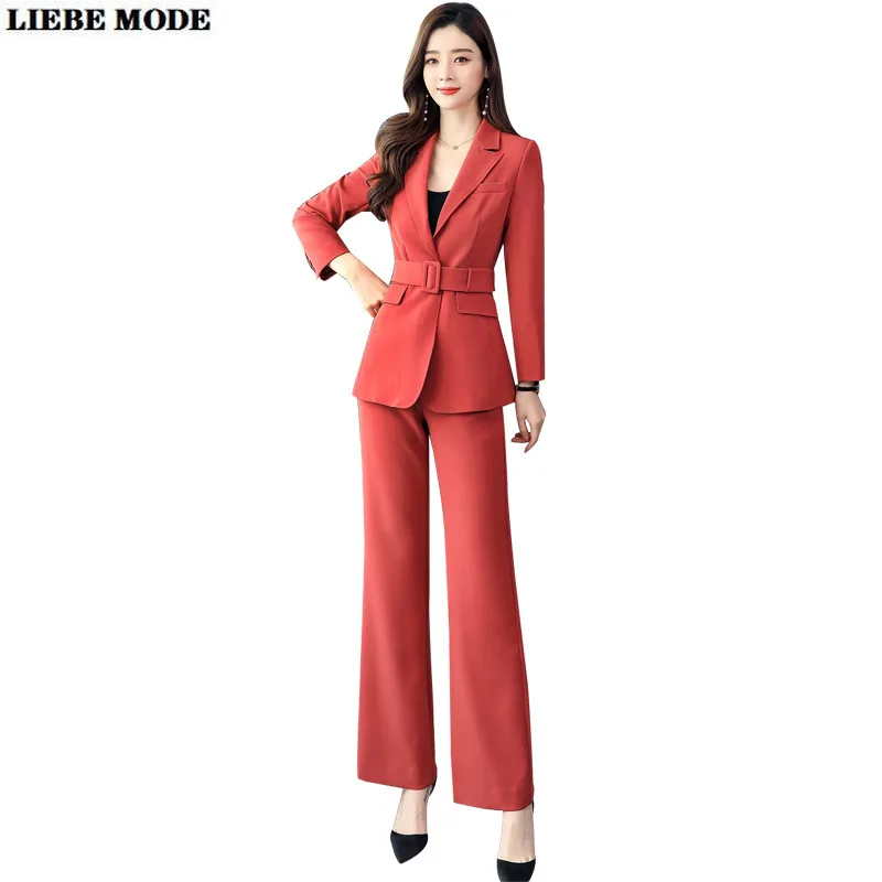 Ladies Formal Business Trouser Suit Female 2 Piece Set Women Belt Suit Blazer and Wide Leg Pants Black Red Pants Suite Woman