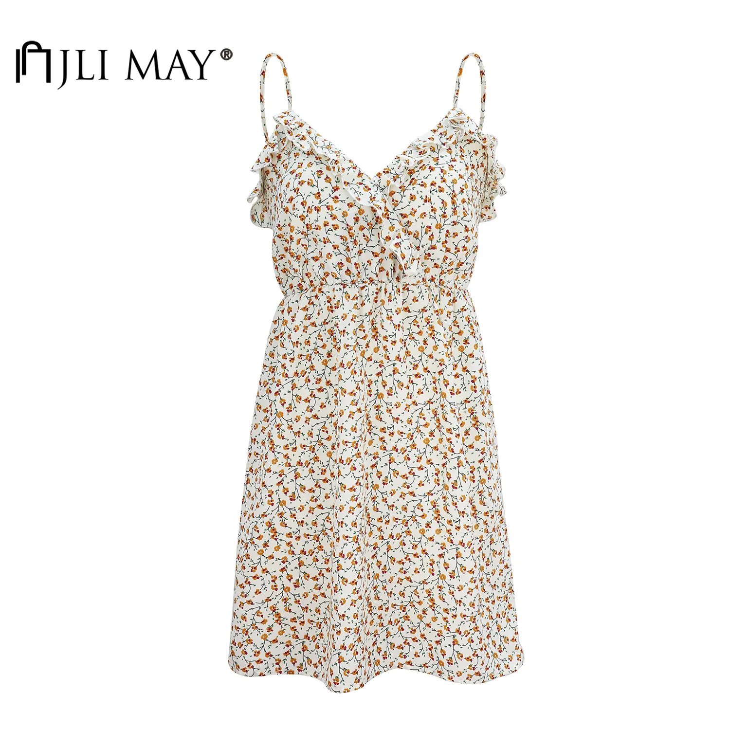 

JLI MAY Women Mini Dresses Floral Print V-neck Spaghetti Strap Patchwork Ruffles Backless Empire A-Line Summer Dress