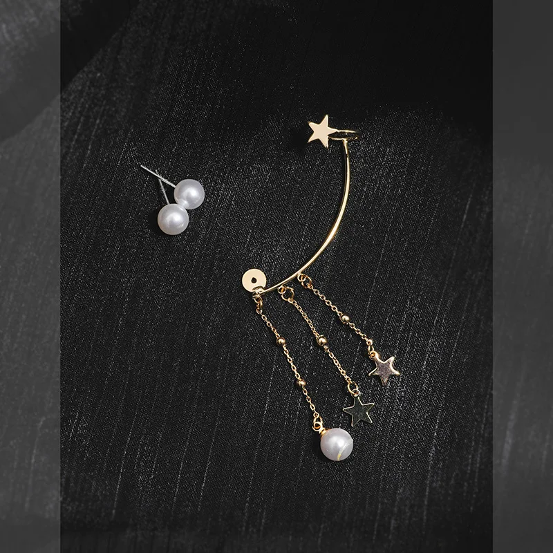 Модные жемчужные золотые серьги с длинной цепочкой со звездой кисточками для
