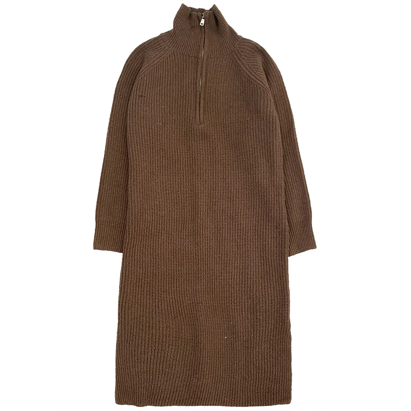 

Temperament retro striped stand collar half zipper loose long knitted dress