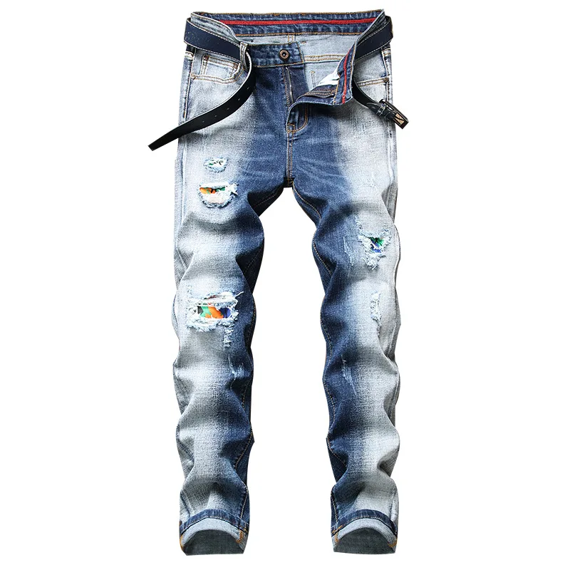 

Newest Denim Men Individuality Pants High Street Fashion Stretch Ripped Jeans Hombre Patchwork Jeans Two Tone Spliced Trousers