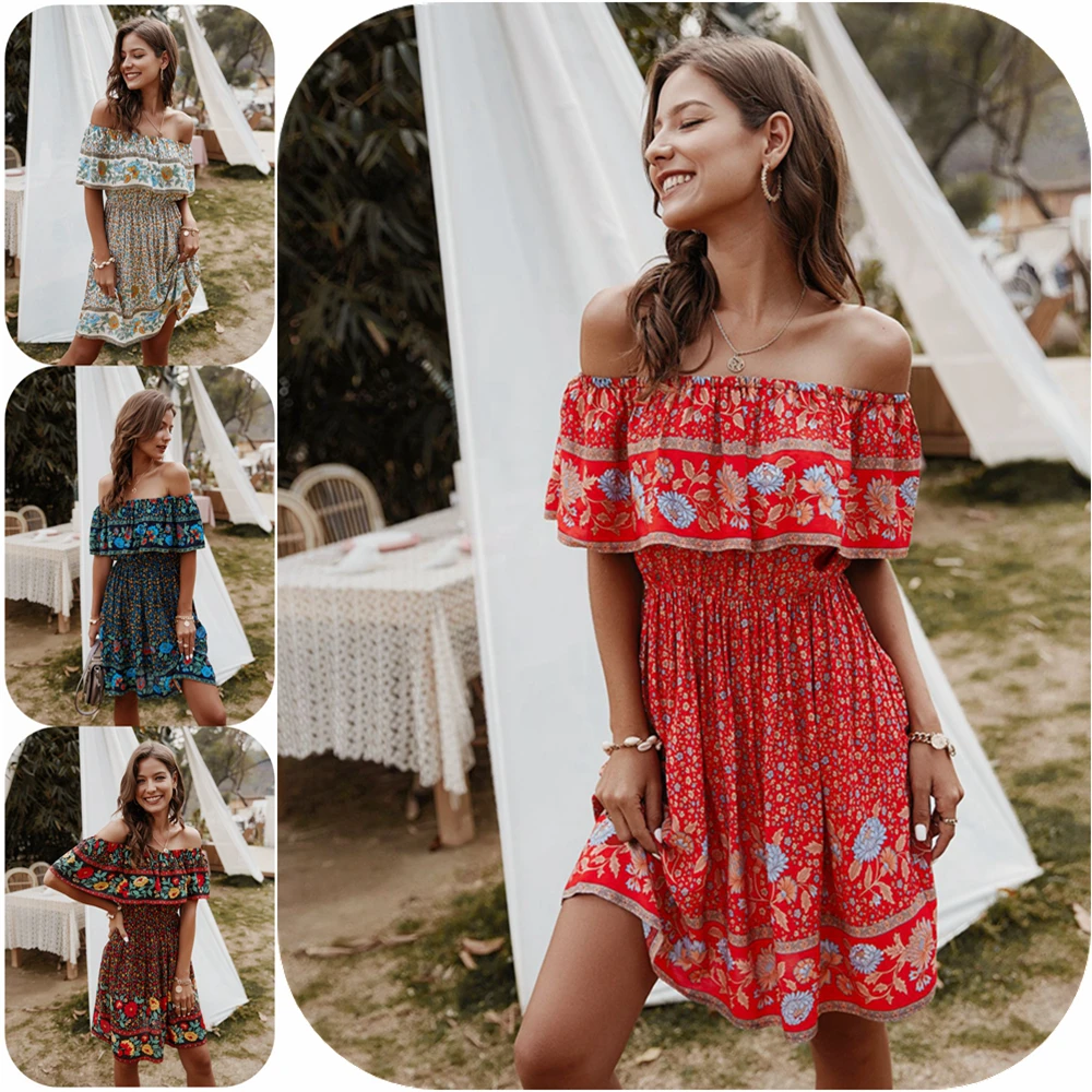 

Women Dress 2020 Summer&Spring Floral Printing Knee Length Slash Neck Dresses Short Sleeve Ruffle Bohemia Female Dresses