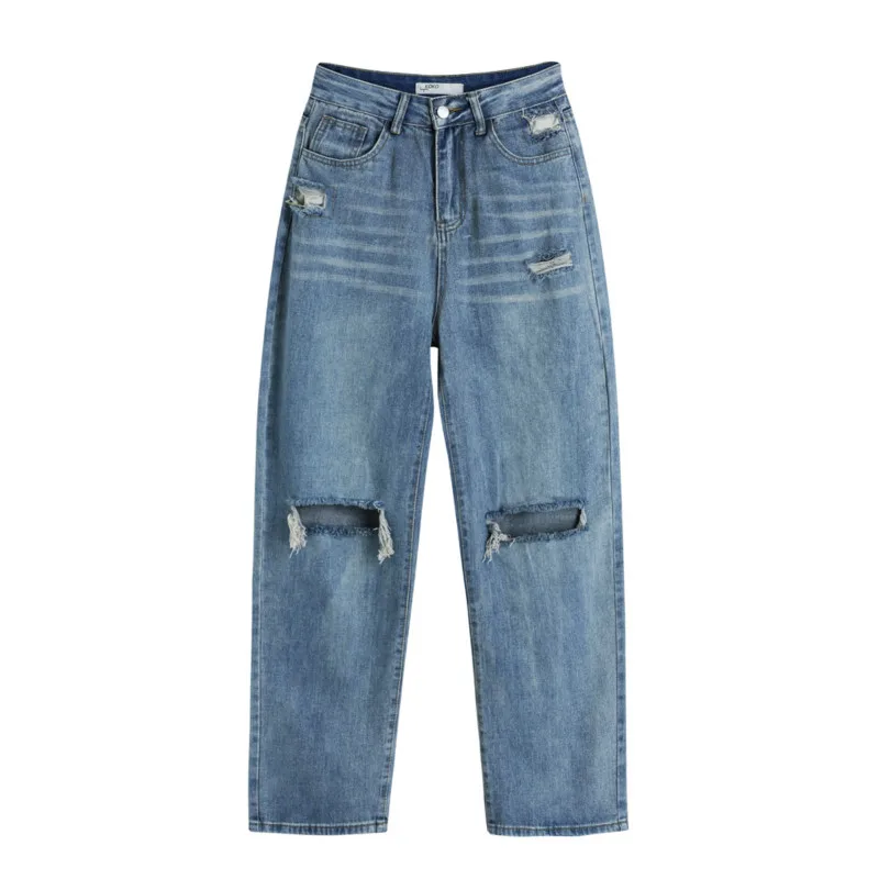 

Women Ripped Jeans High Waist Loose Straight Korean Style Vintage Solid Color Female Denim Trousers Plus Size Casual Baggy Pants