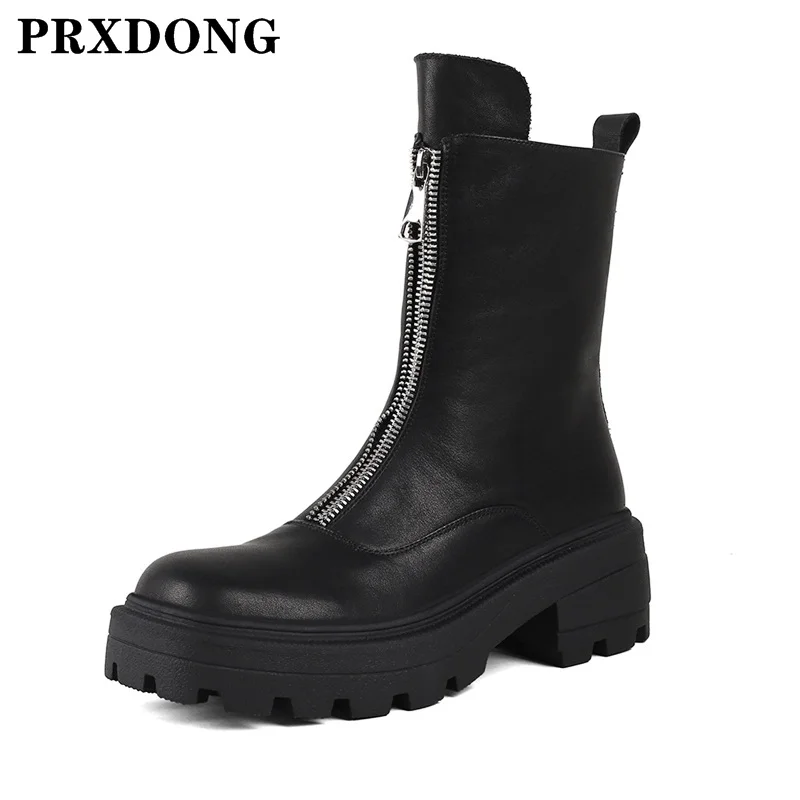 

Genuine Leather Women Ankle Boots 2021 New Autumn Winter Shoes Thick Heels Platform Black White Zipper Dress Casual Riding Boots