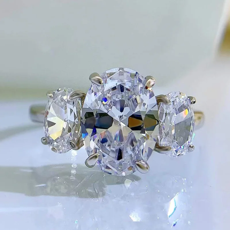 

Серебряное циркониевое овальное обручальное кольцо S925 с четырьмя когтями и тремя бриллиантами, изысканная легкая Роскошная бижутерия