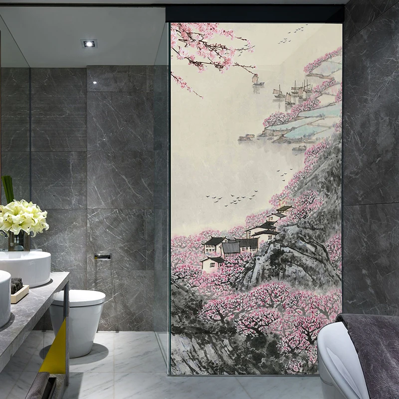 

Peach Blossom Chinese landscape decorative glass stickers light opaque den living room furniture film can be customized