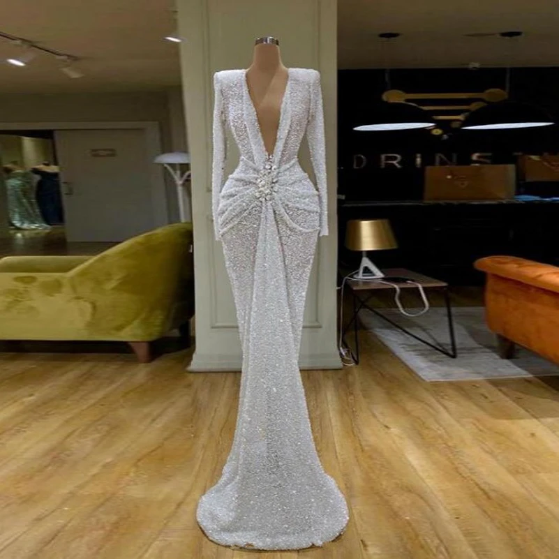 

Abendkleider Sequin Evening Dress Appliques Long Sleeve Evening Gown Robe De Soiree Vestido De Festa Saudi Arabic Evening Dress