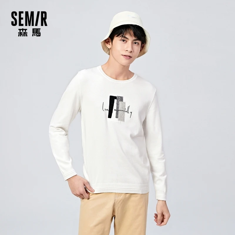 

SEMIR Sweater Men 2021 Winter New Contrasting Striped Knitted Base Lined Outer Pullover O Neck Sweater Man