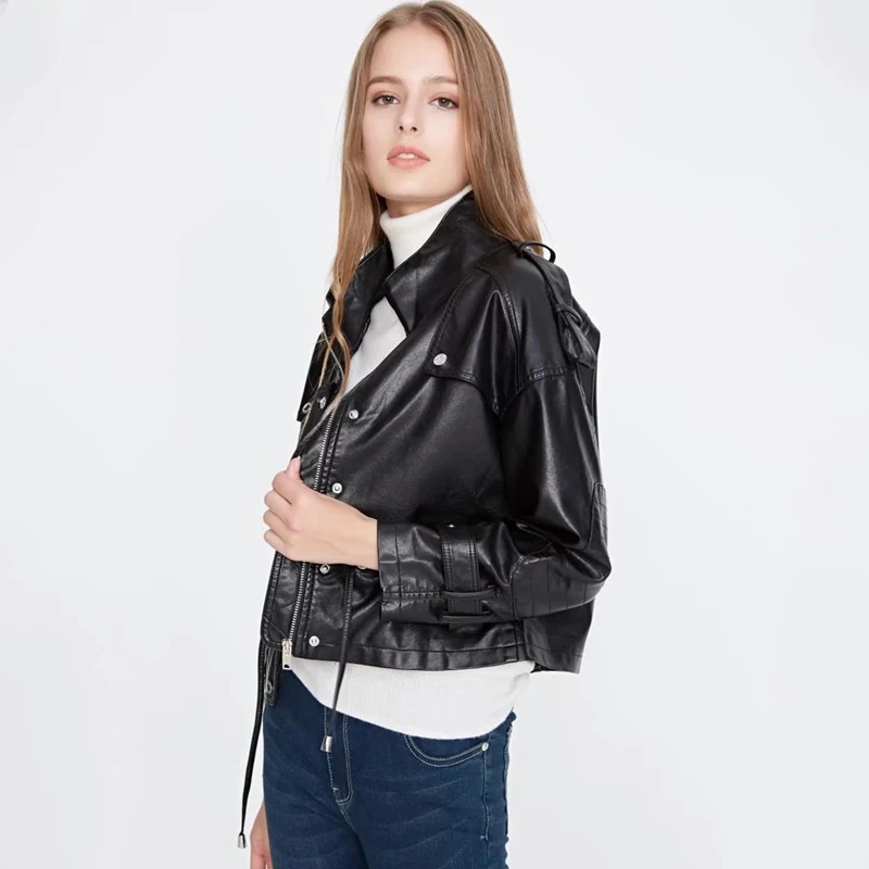 Женская мотоциклетная куртка TMODA295 черная из искусственной кожи на молнии